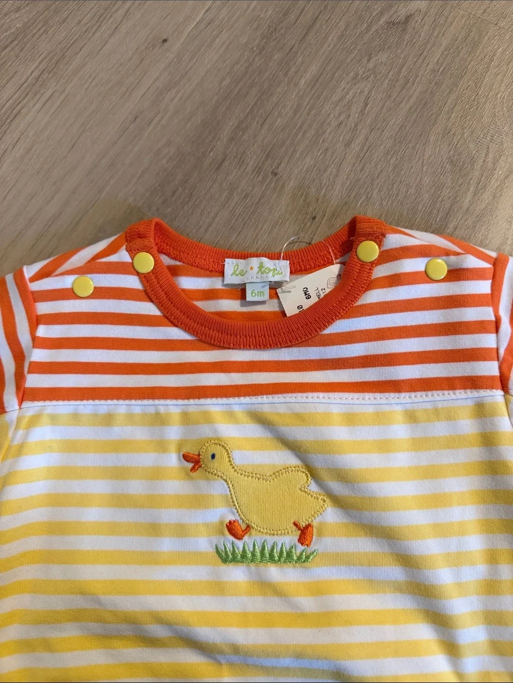 Le Top Yellow & Orange Striped Duck Applique One-Piece
